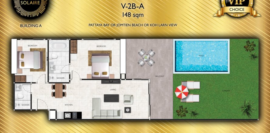 Кондоминиум  с 2 спальнями в Чонбури, Таиланд №98278